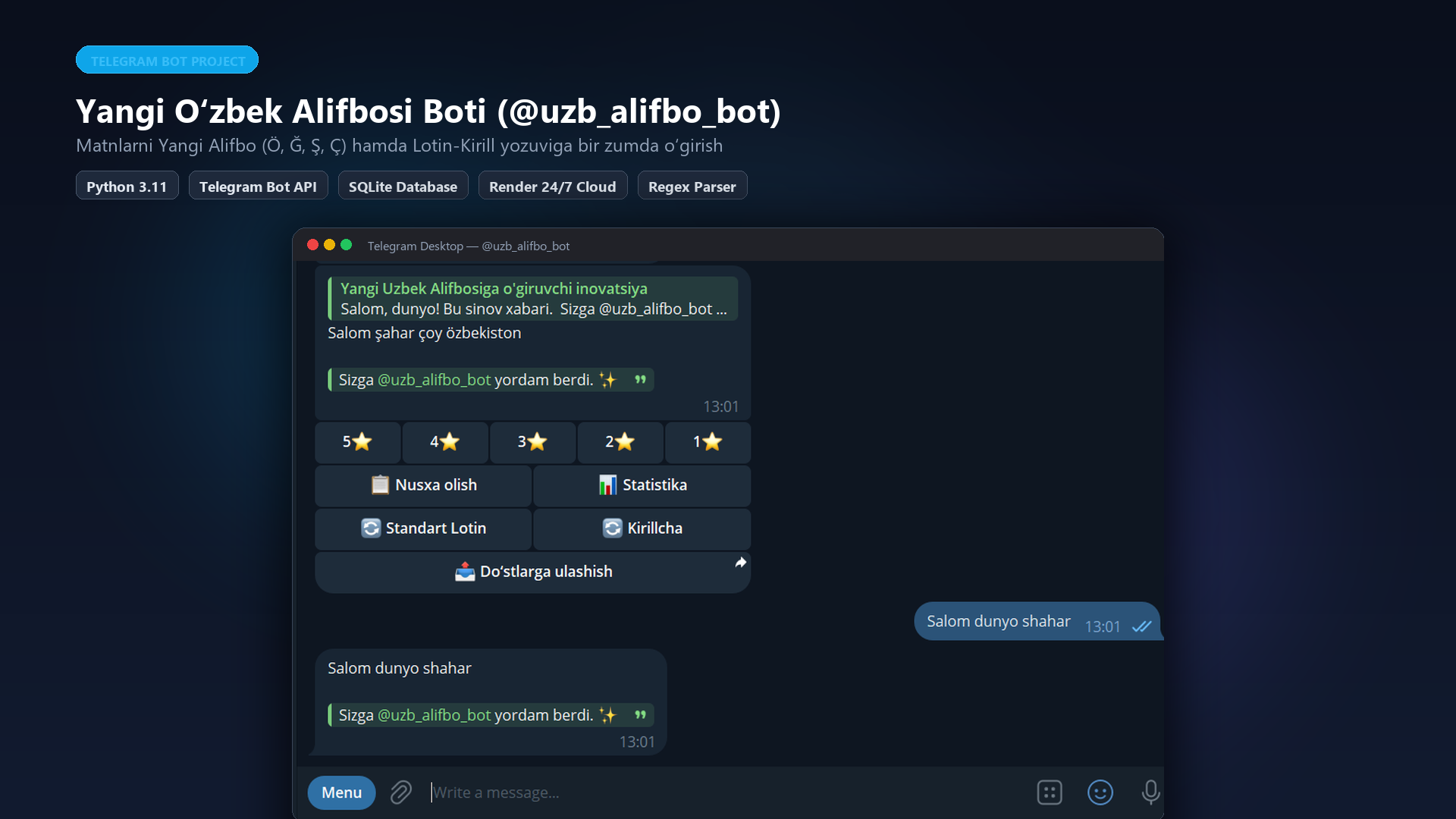 Yangi O‘zbek Alifbosi Boti — Web project by Behruz Baxtiyorov